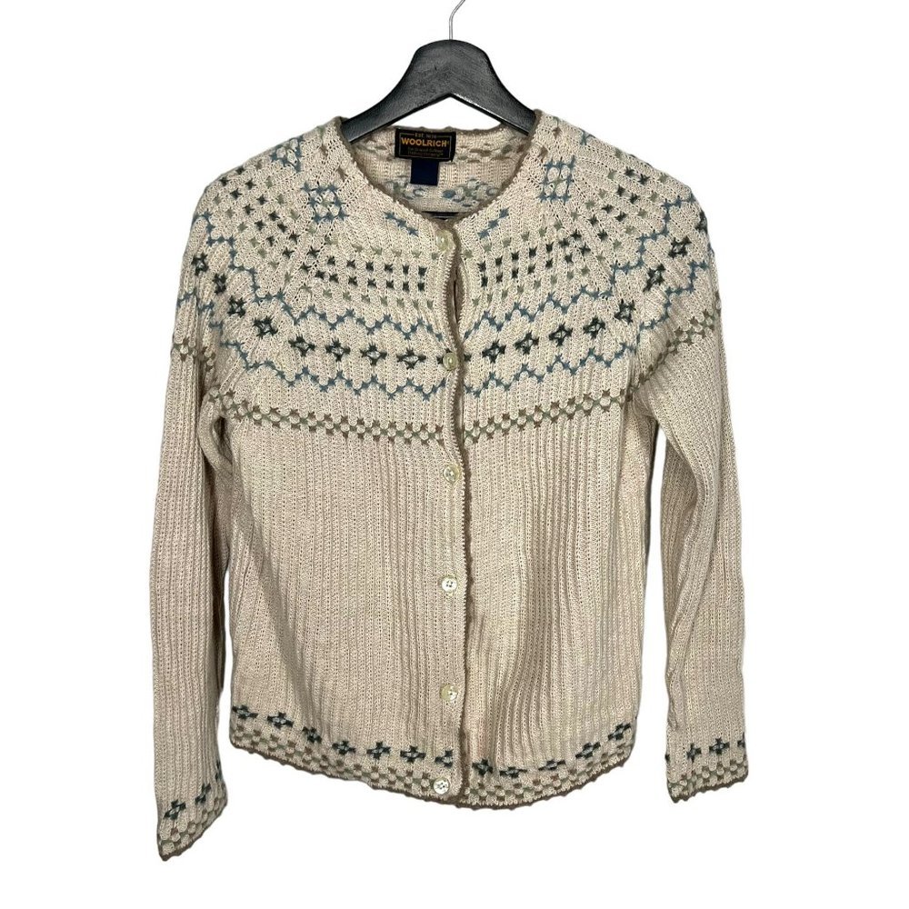 Vintage 90s Woolrich Beige Nordic Print Button Up Lambswool Blend Cardigan Mediu